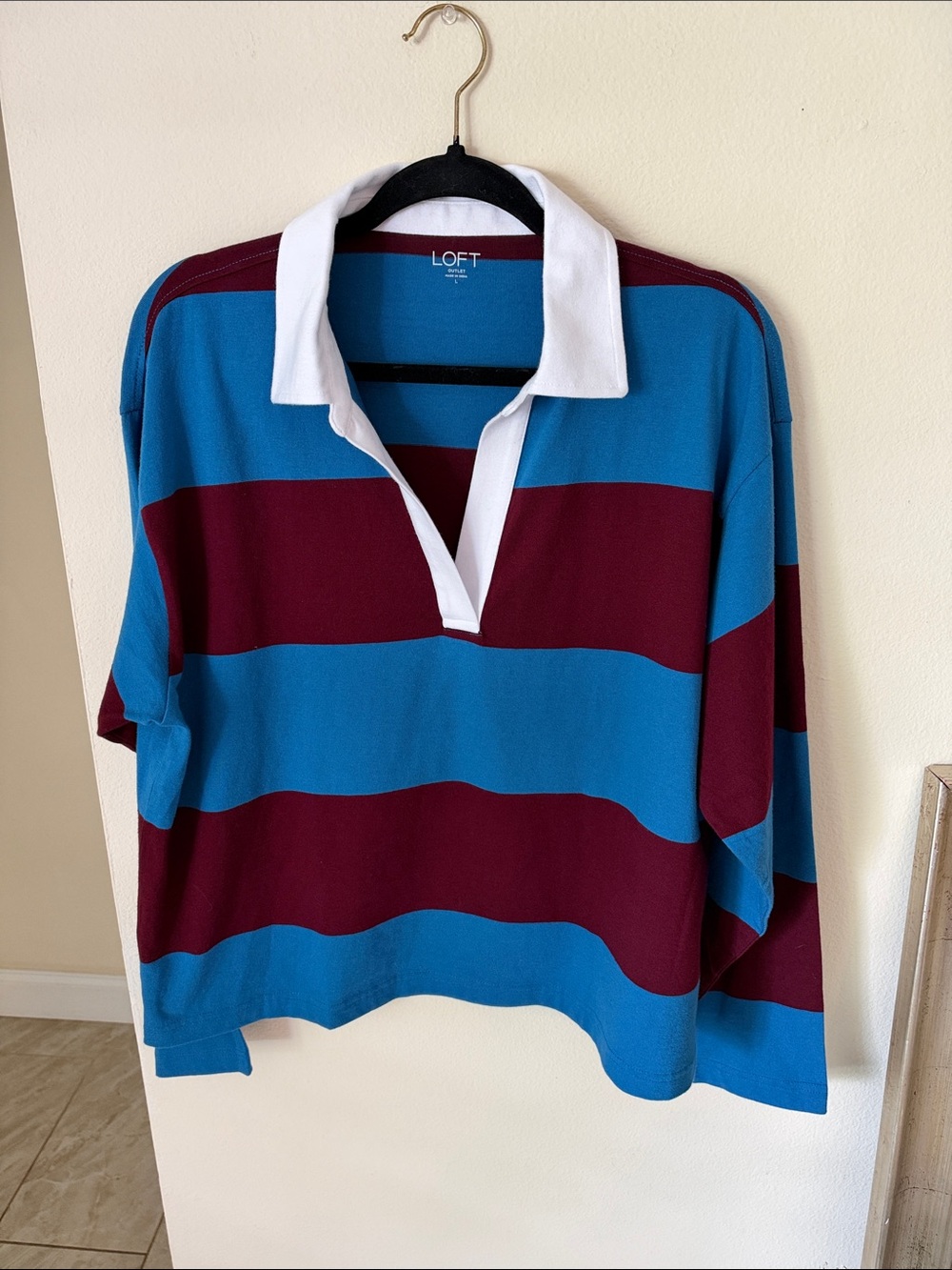 Loft blue burgundy stripe rugby polo collared boxy cotton shirt L oversized